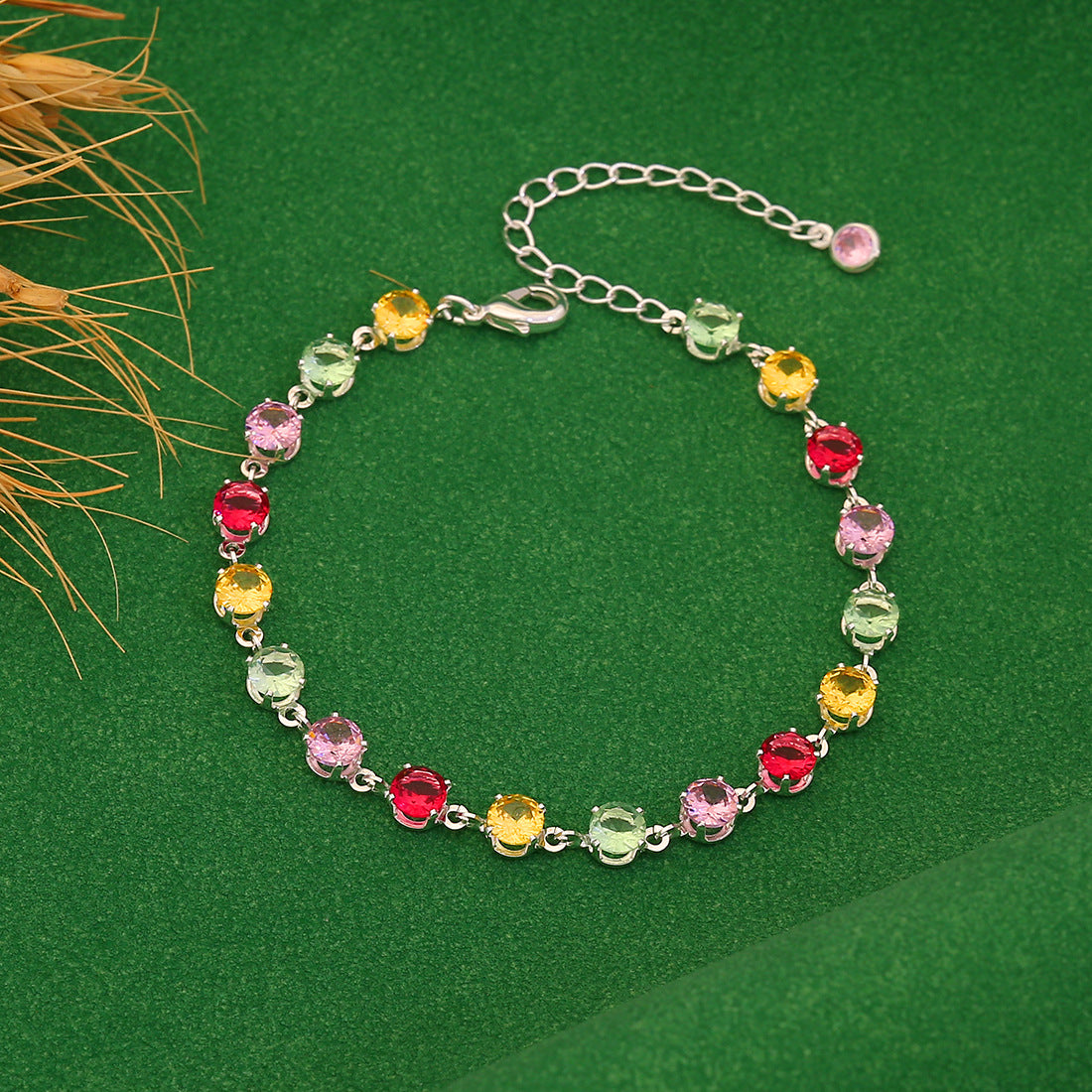 Minimalist Geometric Candy-Colored Zircon Crystal Bracelet for Women in Copper with Micro-Pavé Setting