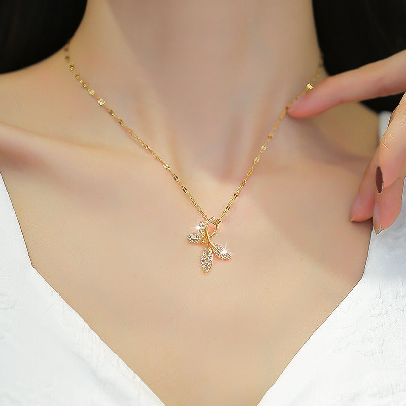 Minimalist Leaf-Shaped Titanium Steel Necklace with Micro-Pavé Rhinestones for Women