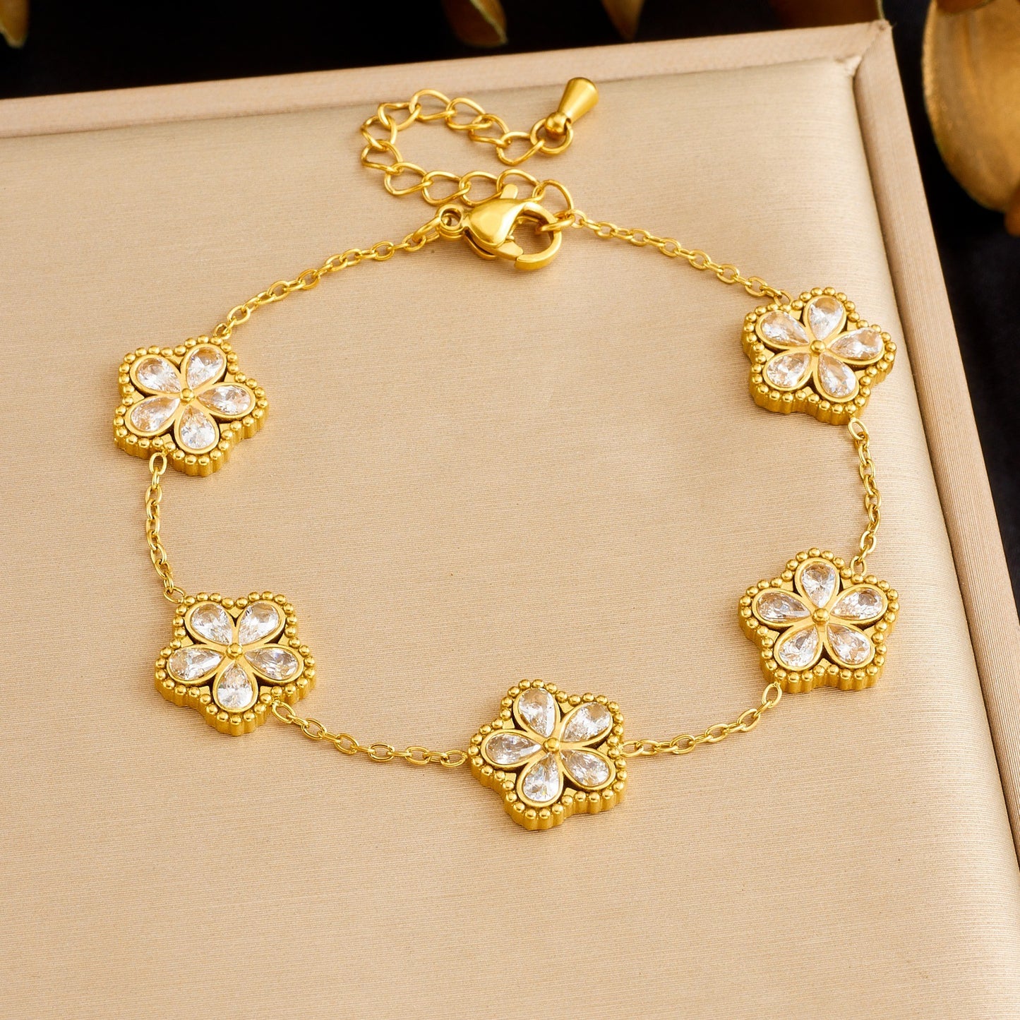 Sweet Gold Plated Stainless Steel Floral Cubic Zirconia Bracelet