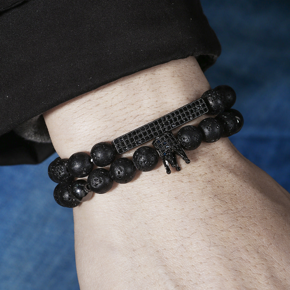Minimalist Geometric Matte Black Agate and Cubic Zirconia Crown Bracelet Set