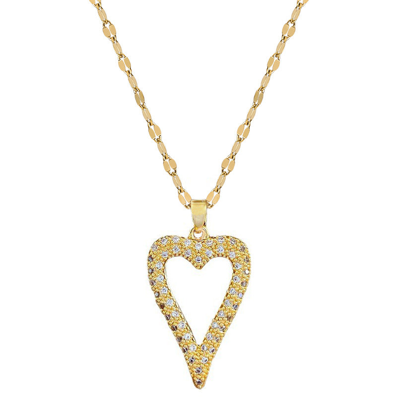 Minimalist Heart-Shaped Titanium Steel Necklace with Rhinestone Inlay for Women, Delicate Clavicle Chain with Plated Finish