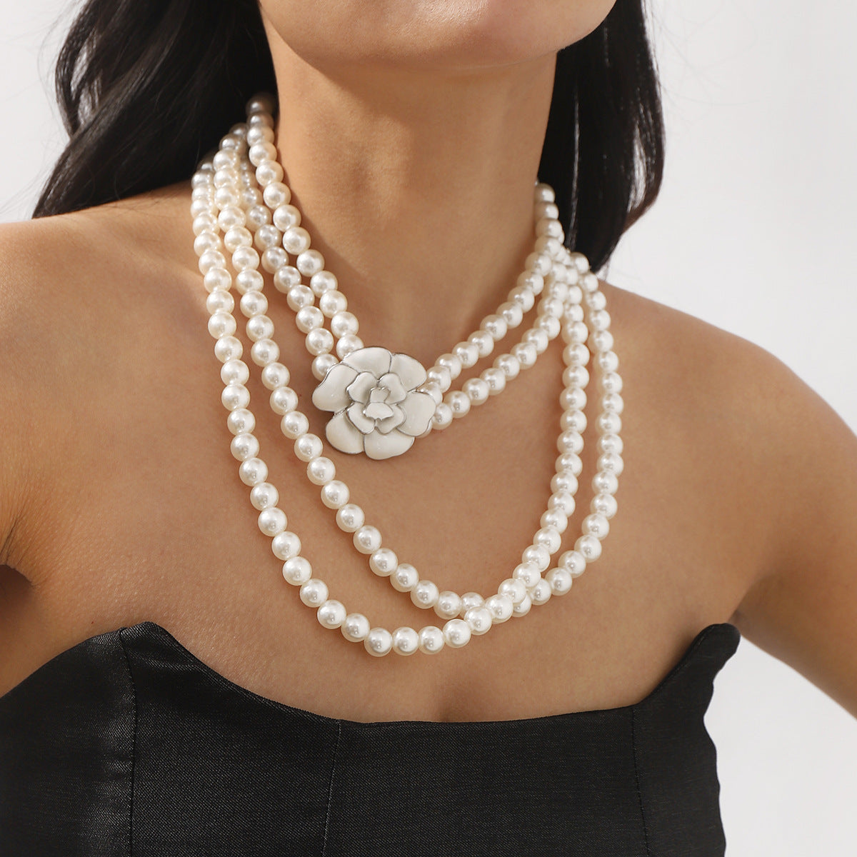 Fashionable Camellia Flower Pendant Necklace with Simulated Pearls and Alloy, Enamel Finish, Long Layered Sweater Chain for Women