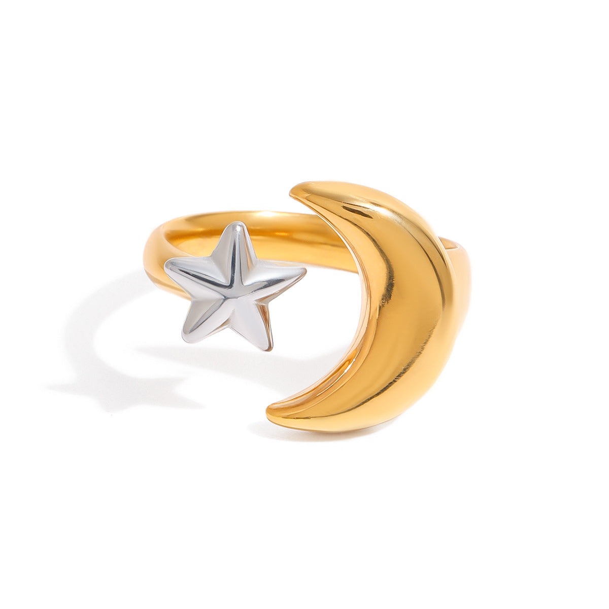 Anillo para mujer chapado en acero inoxidable con diseño geométrico minimalista de estrella y luna