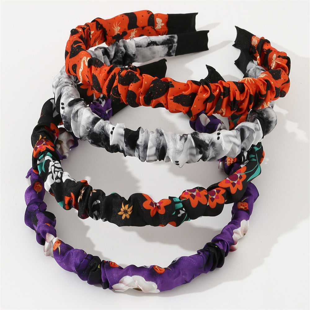 Set di elastici per capelli a tema Halloween per bambini con motivo gatto nero e zucca, design floreale in cotone