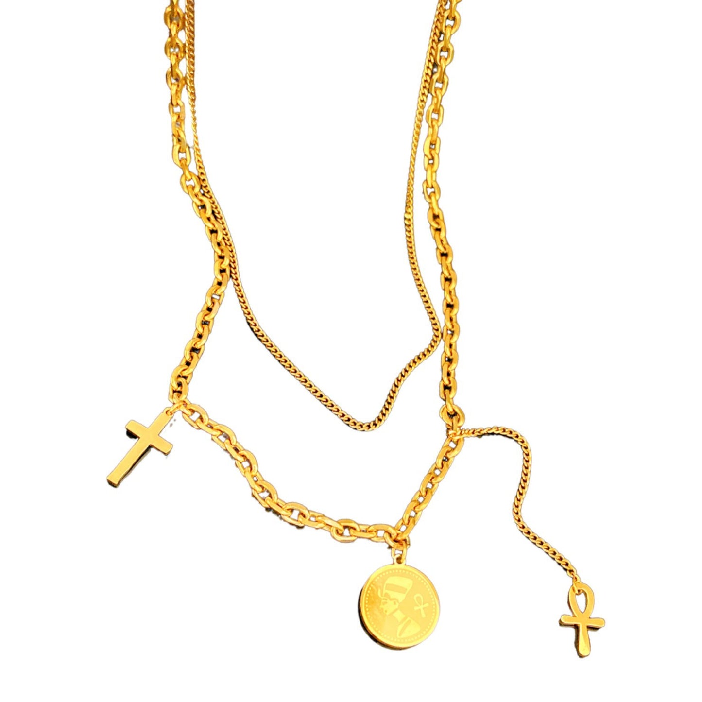 Layered Titanium Steel Round Cross Pendant Necklace Geometric Plated Chain for Men and Women