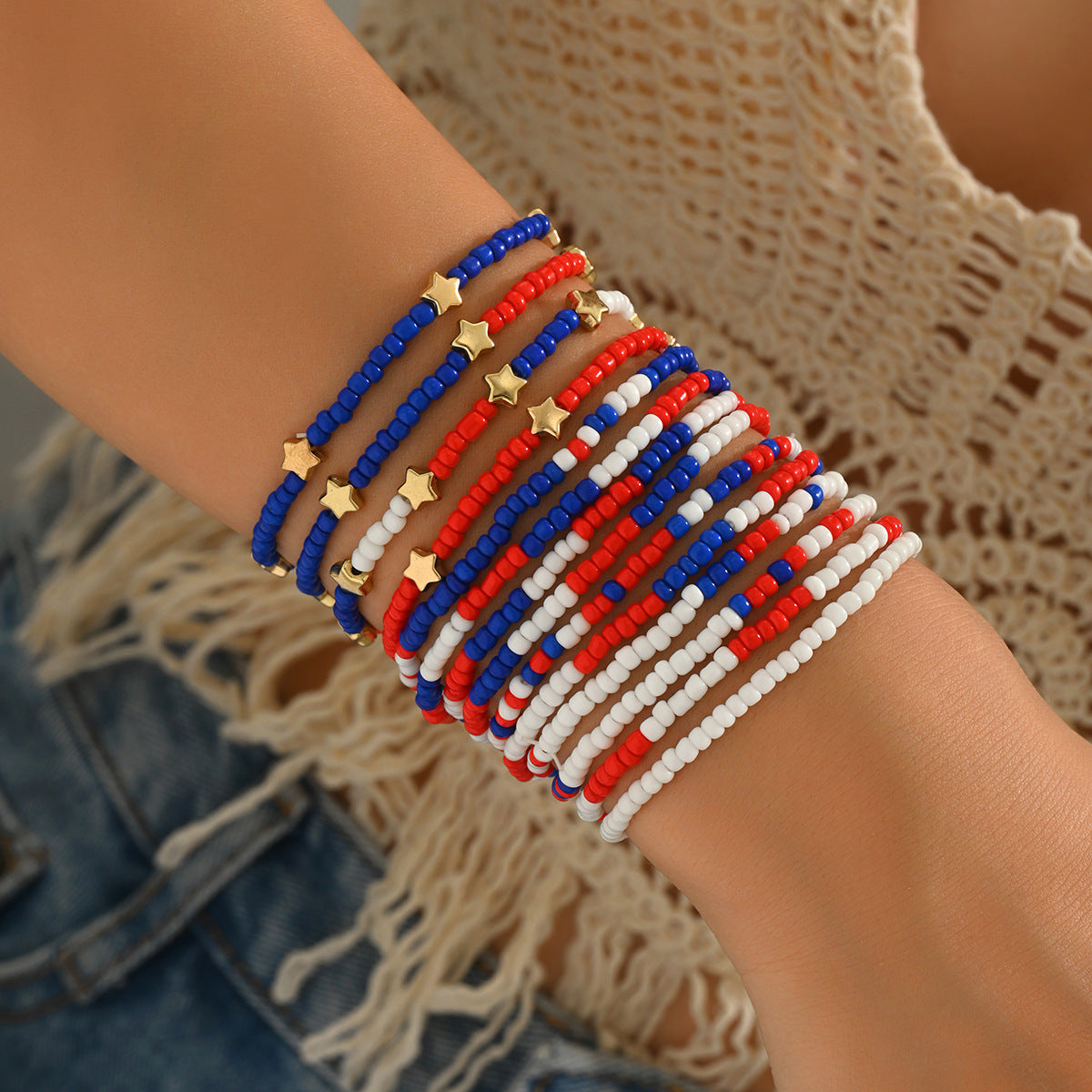 Casual Unisex Glass Beaded Bracelet Set with Star and Heart Charms