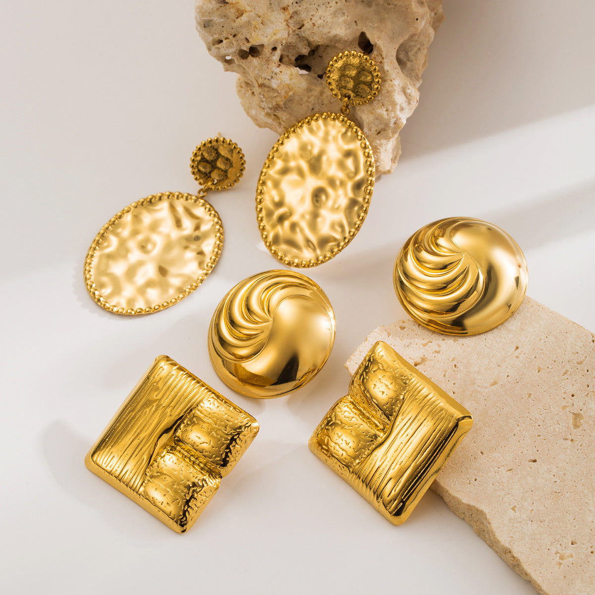 Vintage French Minimalist Geometric Stainless Steel Earrings for Women with Plated Finish and Bold Statement Design