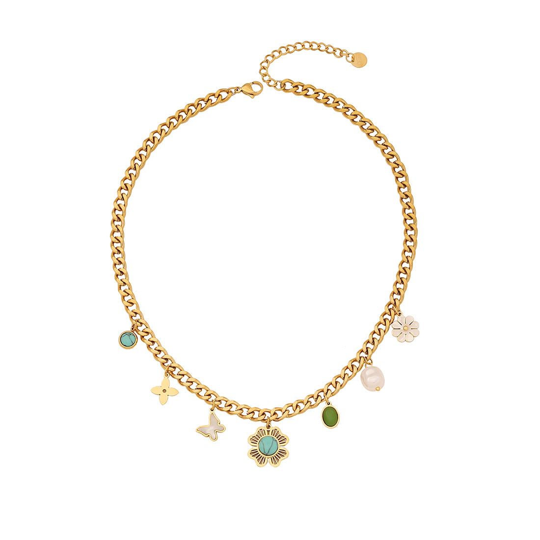 Fashionable Floral Butterfly Pendant Necklace in Stainless Steel with Pearl Accents and Electroplated Finish for Women