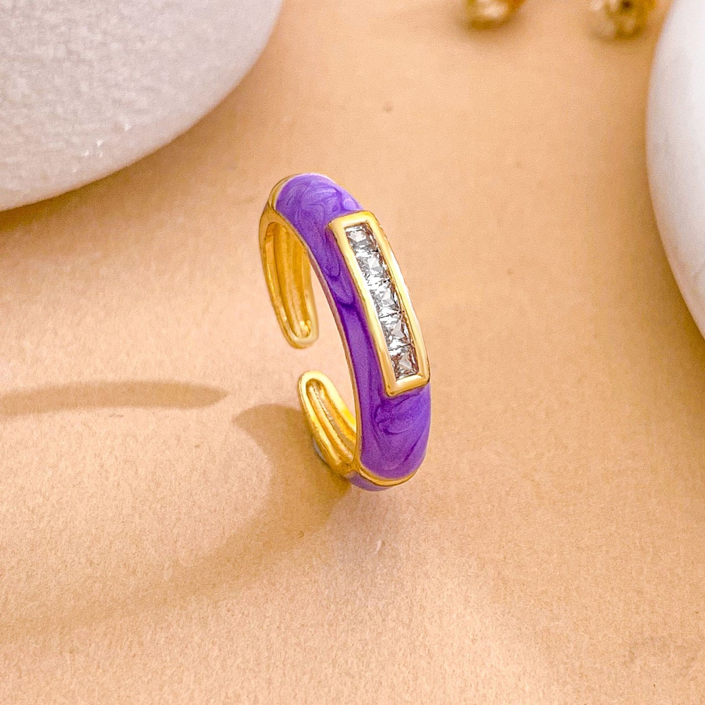 Anillo abierto de esmalte de latón chapado en oro, geométrico cuadrado minimalista para mujer
