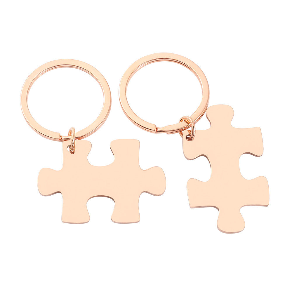 Minimalist Laser Letter Titanium Steel Puzzle Keychain Set for Couples