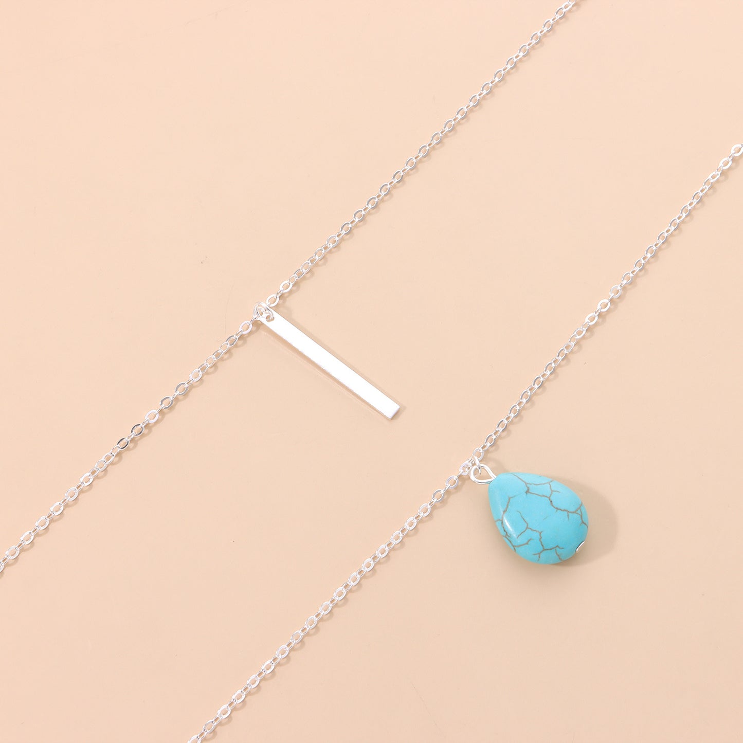 Minimalist Teardrop Turquoise Pendant Necklace with Multi-Layer Metal Chain for Women