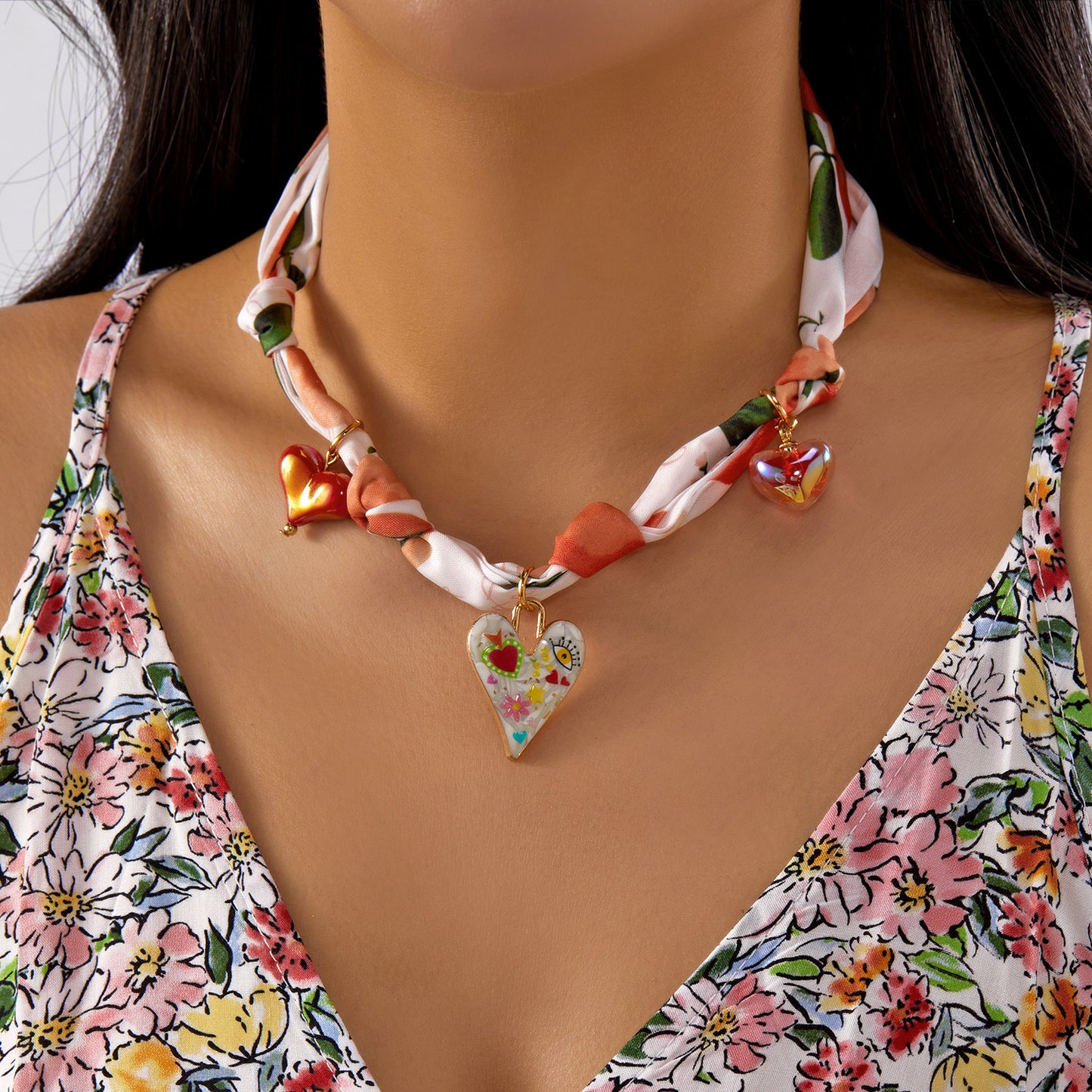 Sweet Colorful Braided Alloy Fruit Floral Pendant Ribbon Necklace for Women
