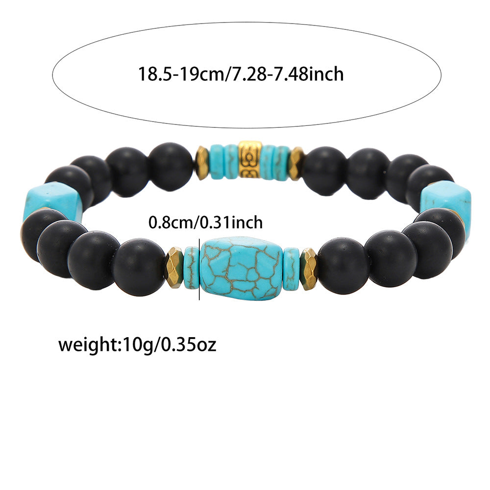 Vintage Geometric Black Obsidian and Turquoise Beaded Bracelet Handmade Round Beads Unisex Jewelry