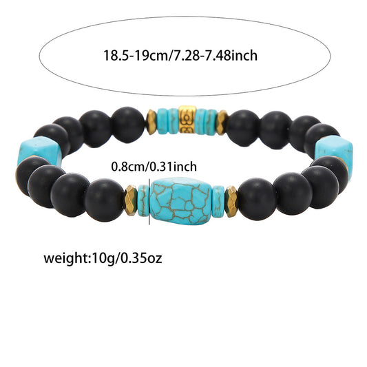 Vintage Geometric Black Obsidian and Turquoise Beaded Bracelet Handmade Round Beads Unisex Jewelry