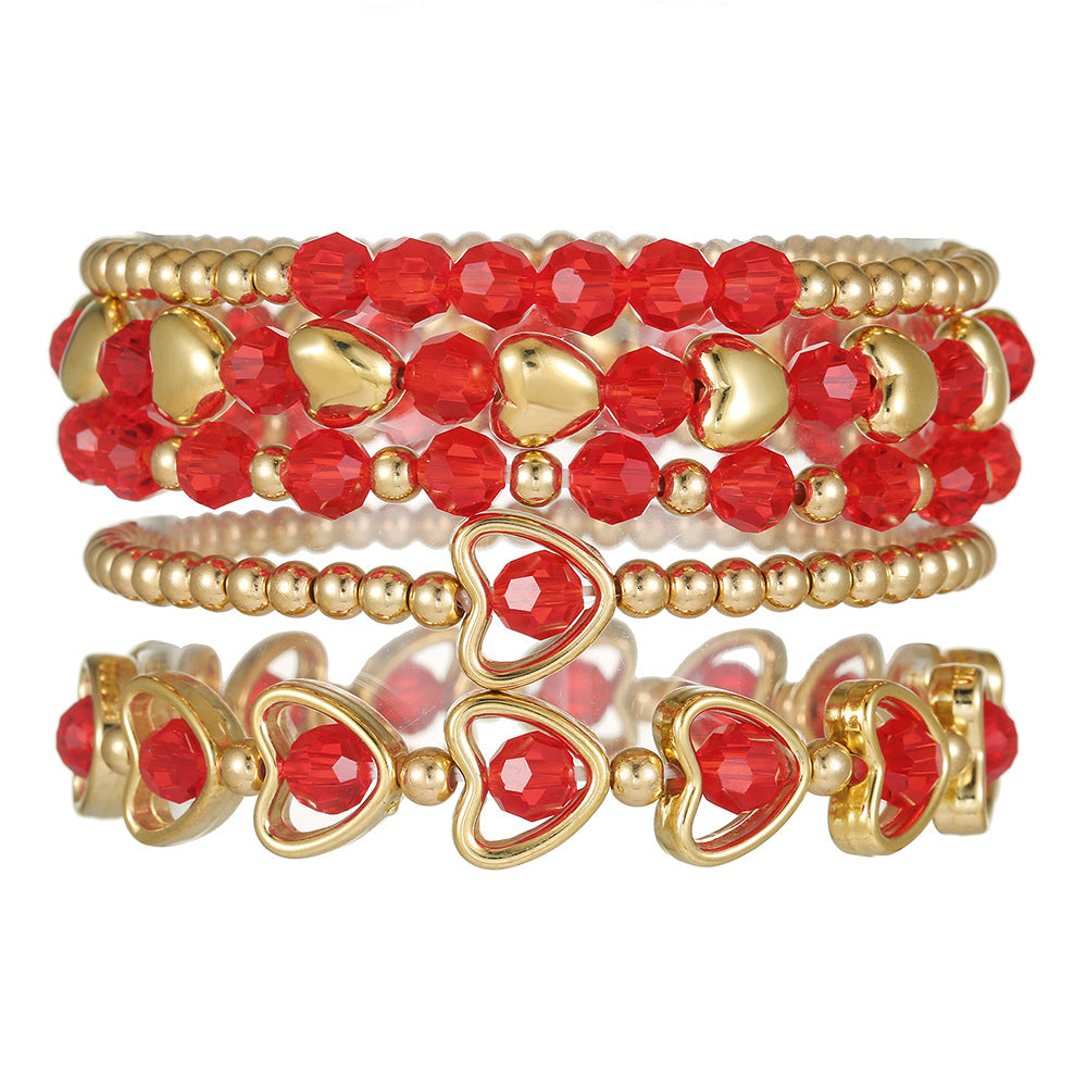 Fashion Red Crystal Beaded Heart Bracelet Multi-Layer Acrylic Geometric Jewelry for Women and Men
