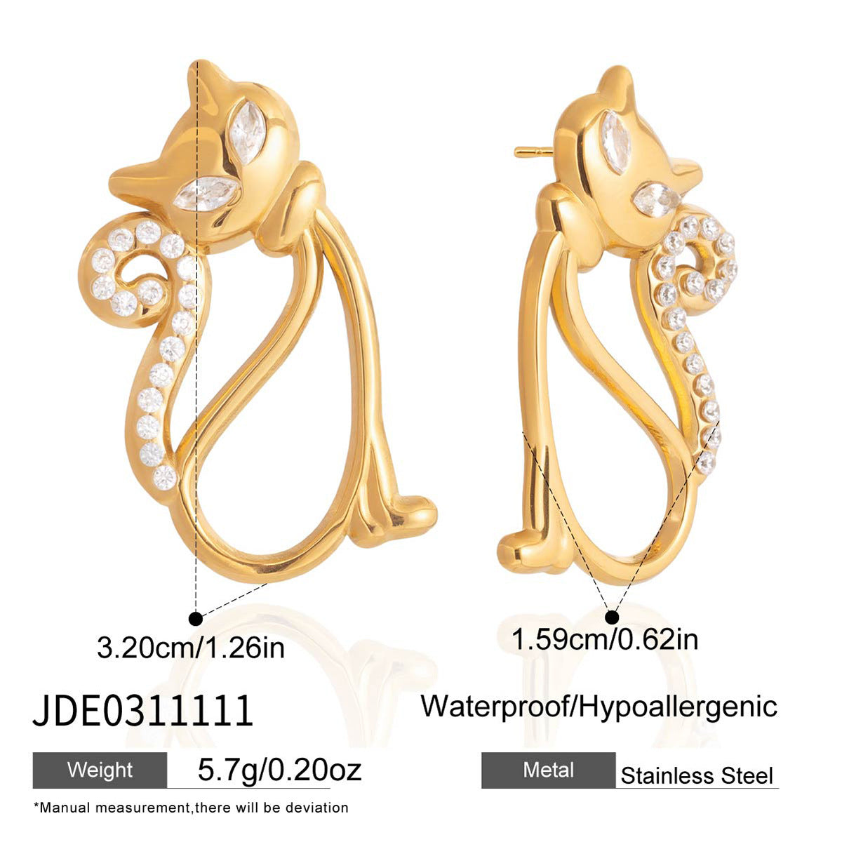 Orecchini a perno di lusso con gatto geometrico, placcati oro 18K, in acciaio inossidabile, con intarsio di strass, gioielli alla moda da donna