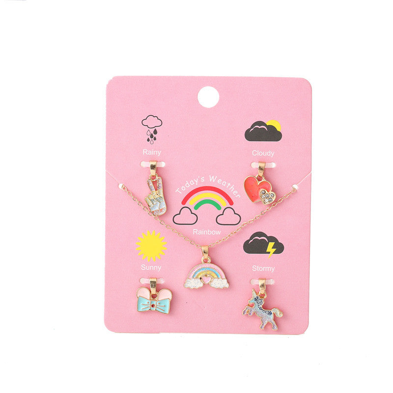 Bonito collar con colgante de unicornio de dibujos animados para niños, de aleación, ajustable, con acabado de esmalte y cadena de cruz