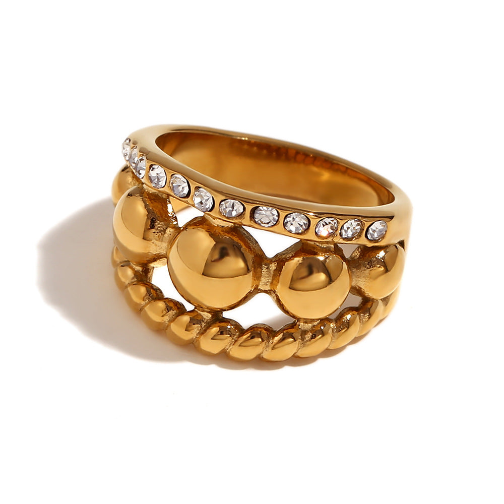 Minimalist Geometric Stainless Steel Ring with 18K Gold Plating and Micro-Paved Zirconia for Women