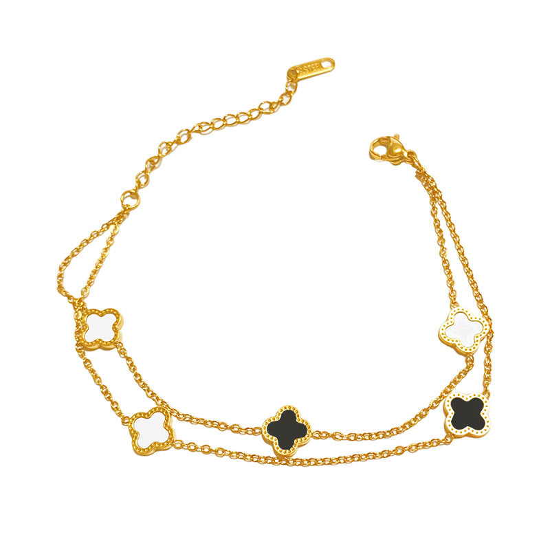 Gold Plated Titanium Steel Micro-inlay Shell Four-leaf Clover Double Layer Bracelet