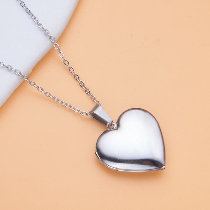 Polished Stainless Steel Heart-Shaped Openable Photo Frame Pendant Necklace for Women