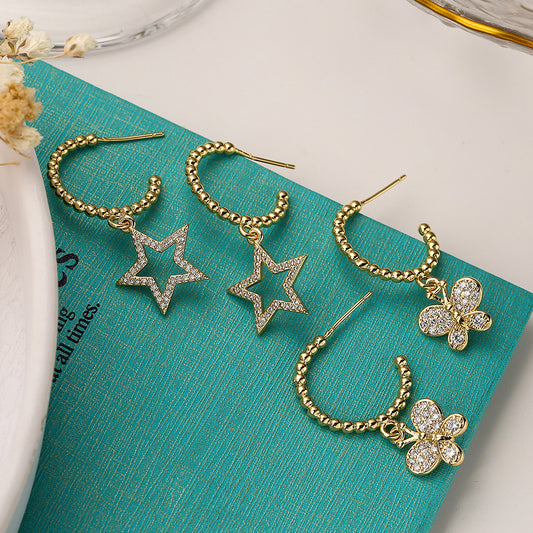 Minimalist Butterfly and Star-Shaped Copper Earrings with Real Gold Plating and Zircon Inlay for Women