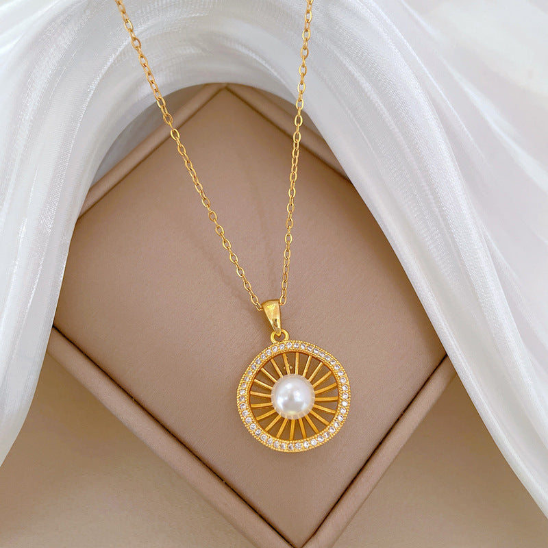 Luxury Titanium Steel Hollow Bird's Nest Pendant Necklace for Women with Rhinestone Inlay, Geometric Design, Delicate Clavicle Chain