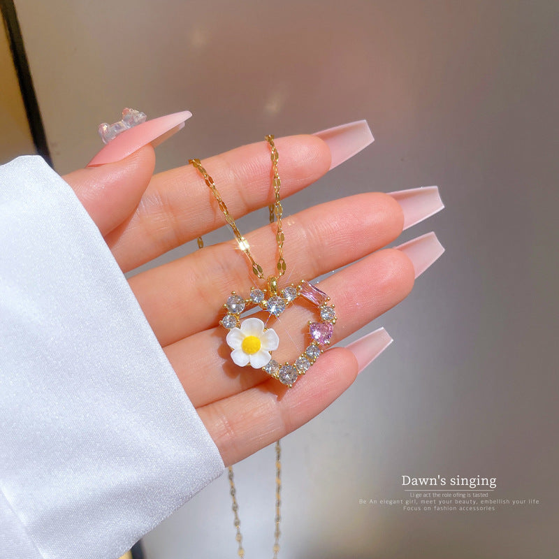 Minimalist Heart-Shaped Titanium Steel Necklace with Micro-Paved Zirconia, Gold-Plated Copper Pendant, Floral and Geometric Design