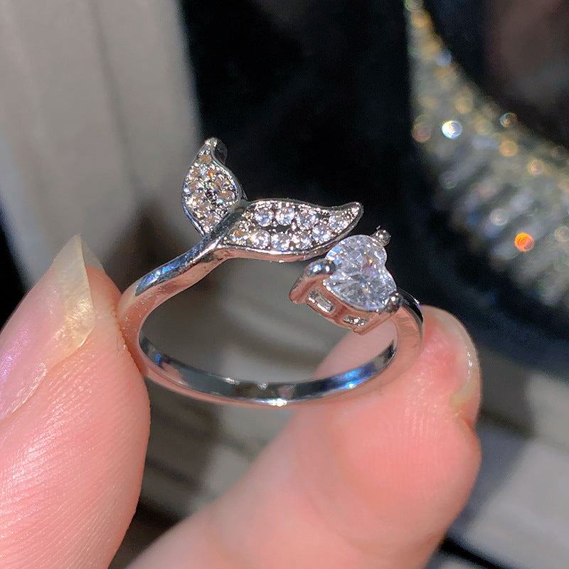 Sweet Elegant Heart Butterfly Brass Ring with Cubic Zirconia Handmade Adjustable