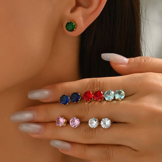 Set di orecchini da donna minimalistici geometrici intarsiati in zirconia, con forme rotonde, ovali e ad anello