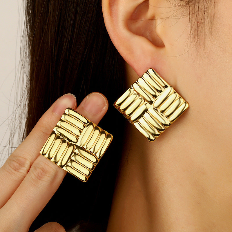 French Vintage Luxury Geometric Square Textured Stainless Steel Stud Earrings for Women