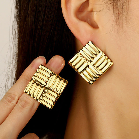 French Vintage Luxury Geometric Square Textured Stainless Steel Stud Earrings for Women