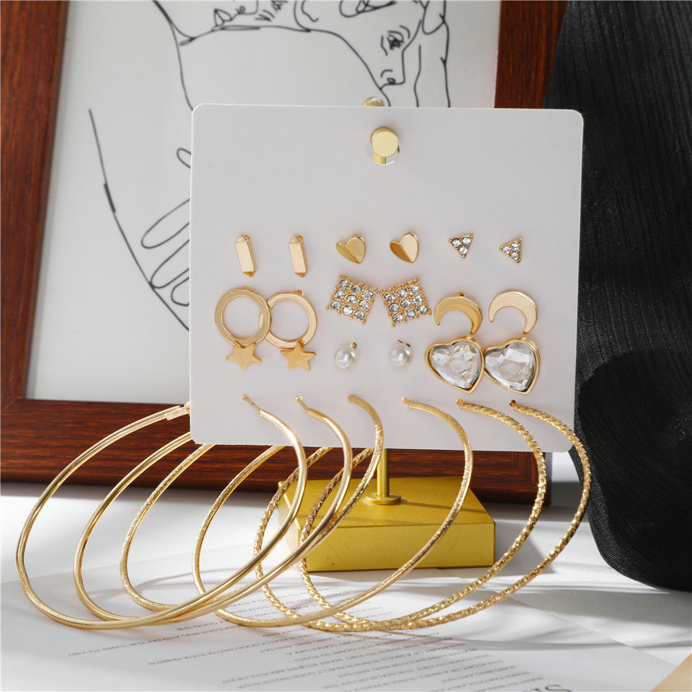 Sweet Geometric Star Moon Heart Triangle Alloy Rhinestone Inlay Earring Set for Women
