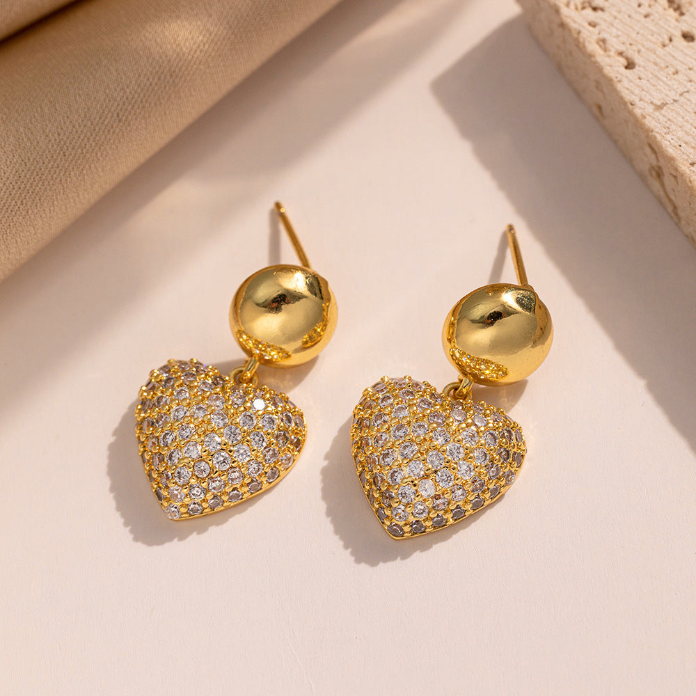 Minimalist Modern Heart-Shaped Copper Earrings with Zircon Inlay for Women