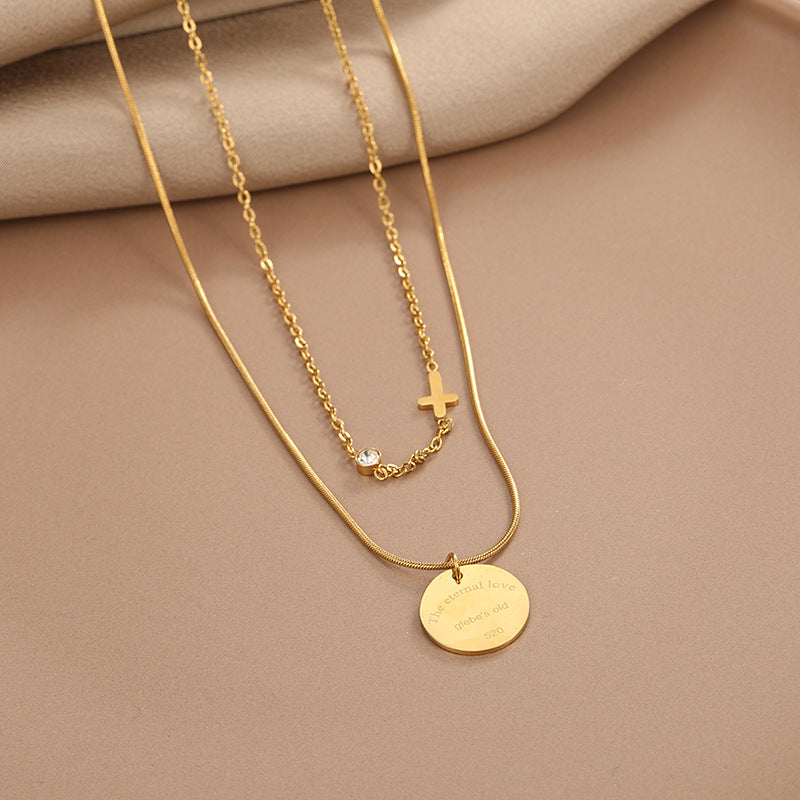 Minimalist Geometric Titanium Steel Pendant Necklace with Plated Finish for Unisex, Double-Layer Round Disc Design Featuring Letter Accent