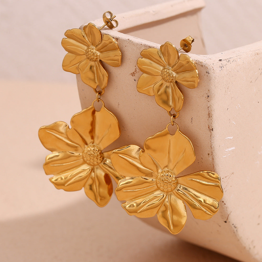 Vintage Fashion Floral Geometric Stainless Steel Earrings with 18K Gold Plating for Women