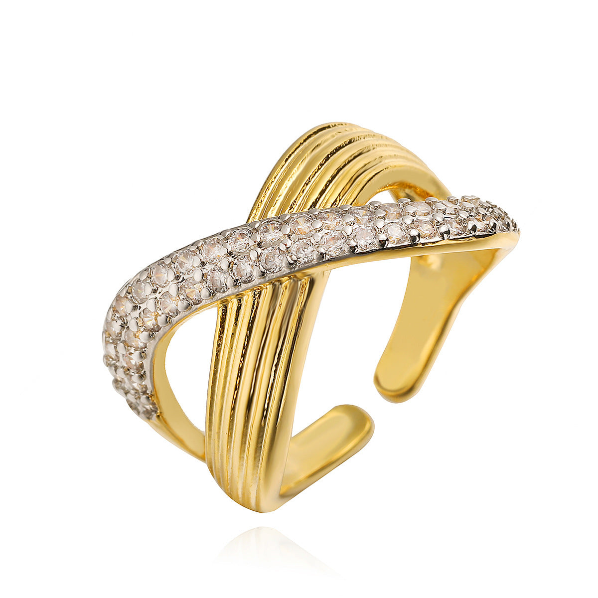 Anello aperto geometrico bicolore minimalista da donna con intarsio in zircone e base in rame