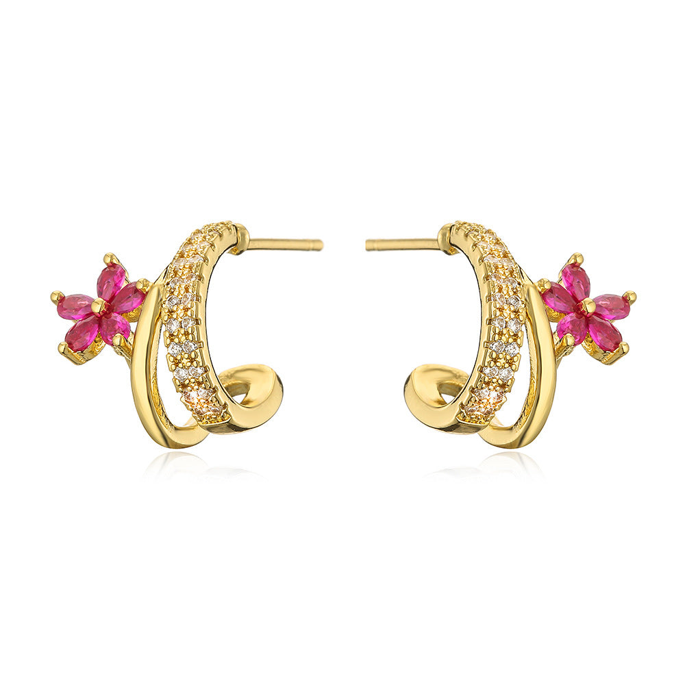Minimalist Geometric Flower Stud Earrings for Women Made of Copper with 18K Gold Plating and Zircon Inlay