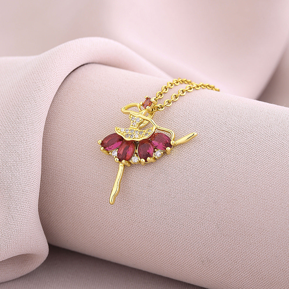 Elegante Collar Colgante de Bailarina de Ballet para Mujer en Cobre con Incrustaciones de Circonita Cúbica en Cadena O-Chain, Cadena de Clavícula de Lujo Minimalista