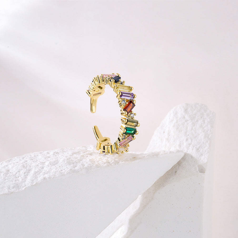 Geometric Open Ring in Copper with 18K Gold Plating and Rainbow Zircon Inlay for Women