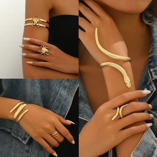 Set de pulsera y anillo de moda geométrica para mujer, de aleación electrochapada con diseño de serpiente y araña, con elementos hexagonales, ovalados y lineales