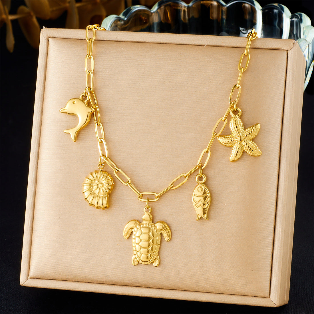Luxury Casual Gold Plated Animal Stainless Steel Necklace Curb Chain Turtle Starfish Pendant for Women