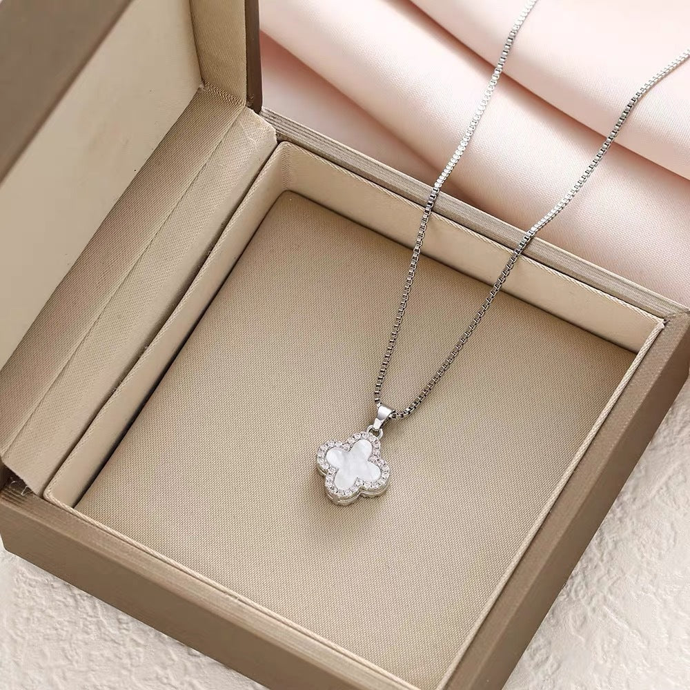 Elegant Four-Leaf Clover Pendant Necklace for Women in Titanium Steel with Plated Finish, Minimalist Clavicle Chain for Summer Layering