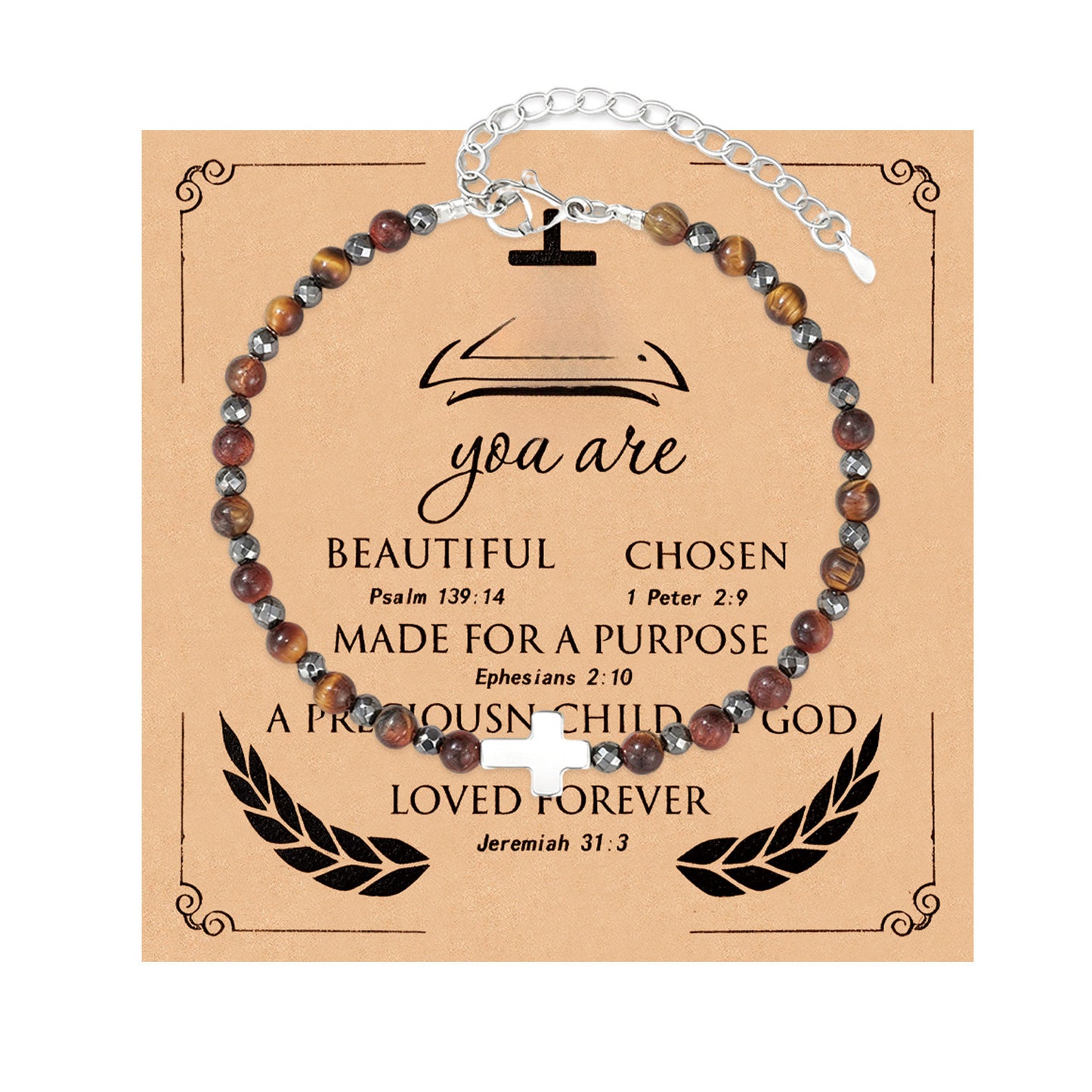 Minimalist 6mm Tiger Eye Cross Bracelet Polished Adjustable Magnetic Clasp