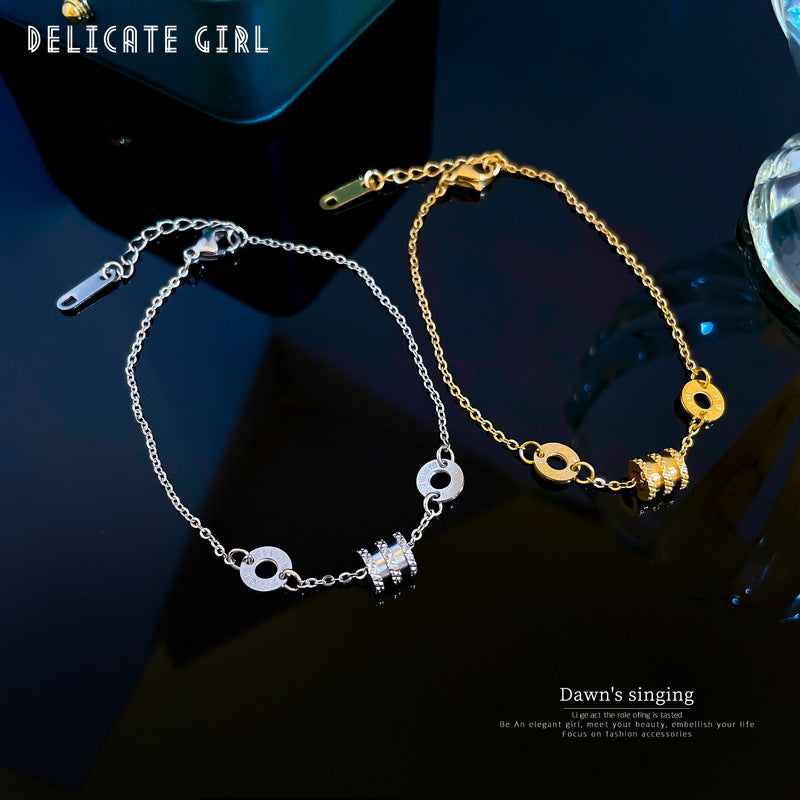 Vintage Korean Titanium Steel Letter Chain Bracelet for Women with Round Pendants and Wavy Bean-shaped Details