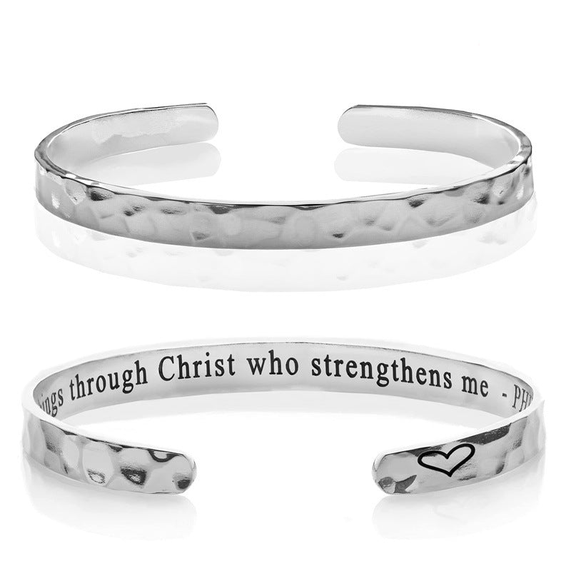 Minimalist Stainless Steel Engraved Open Moon Surface Textured Hammered Bracelet