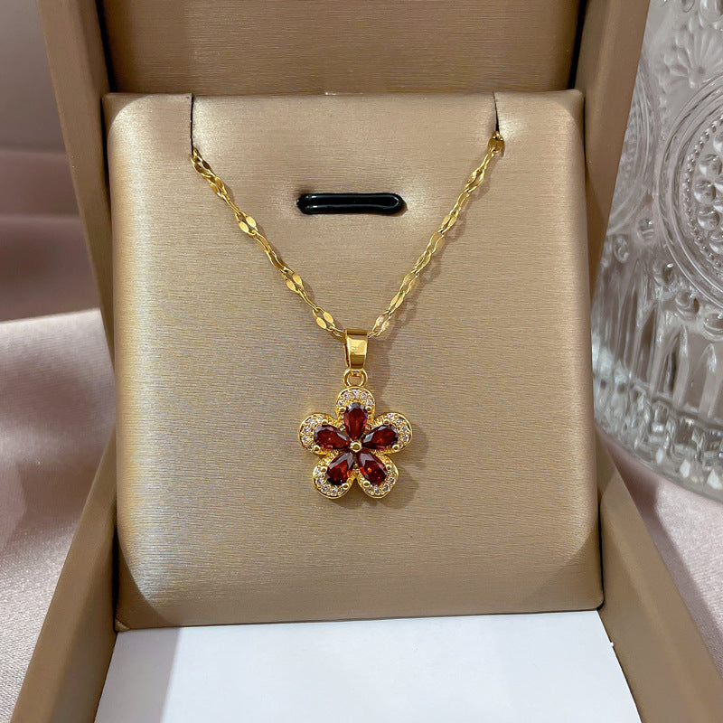 Minimalist Geometric Titanium Steel Necklace with Gold Plated Brass Pendant and Rhinestone Inlay