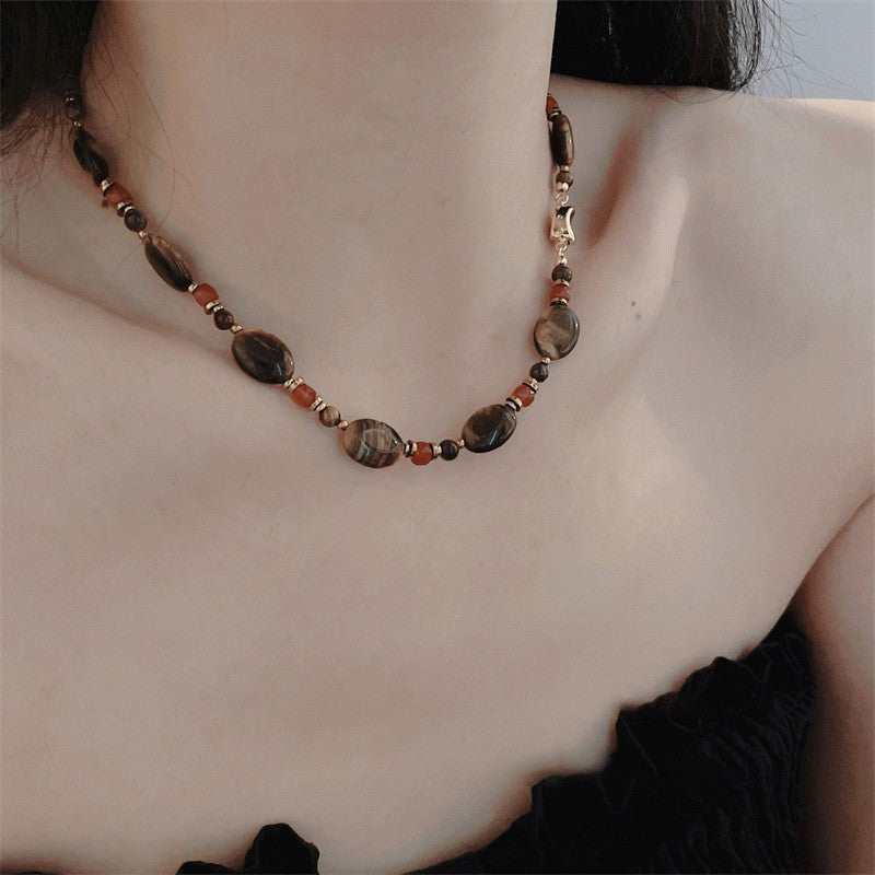 Collana con Ciondolo Vintage a Occhio di Tigre Geometrico Placcata Oro 18K Lunga per Maglione da Donna