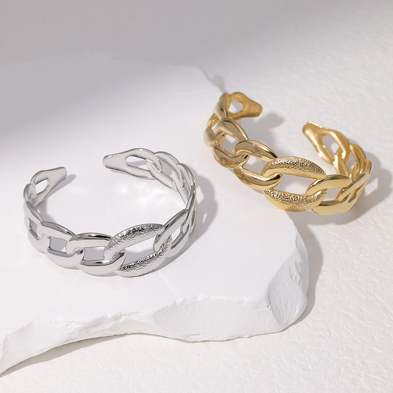 18K Gold Plated Stainless Steel Rope Chain Hollow Open Cuff Bracelet for Women