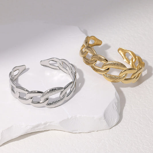18K Gold Plated Stainless Steel Rope Chain Hollow Open Cuff Bracelet for Women