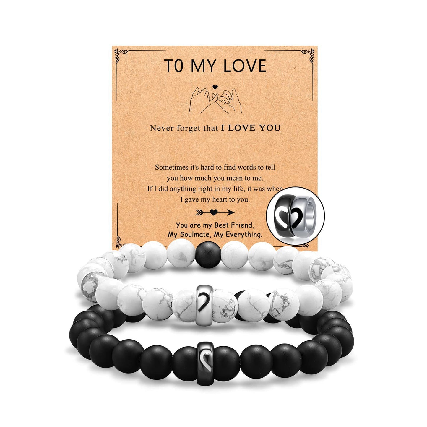 Minimalist Matte Stainless Steel Heart Bracelet Set with Black and White Turquoise for Couples